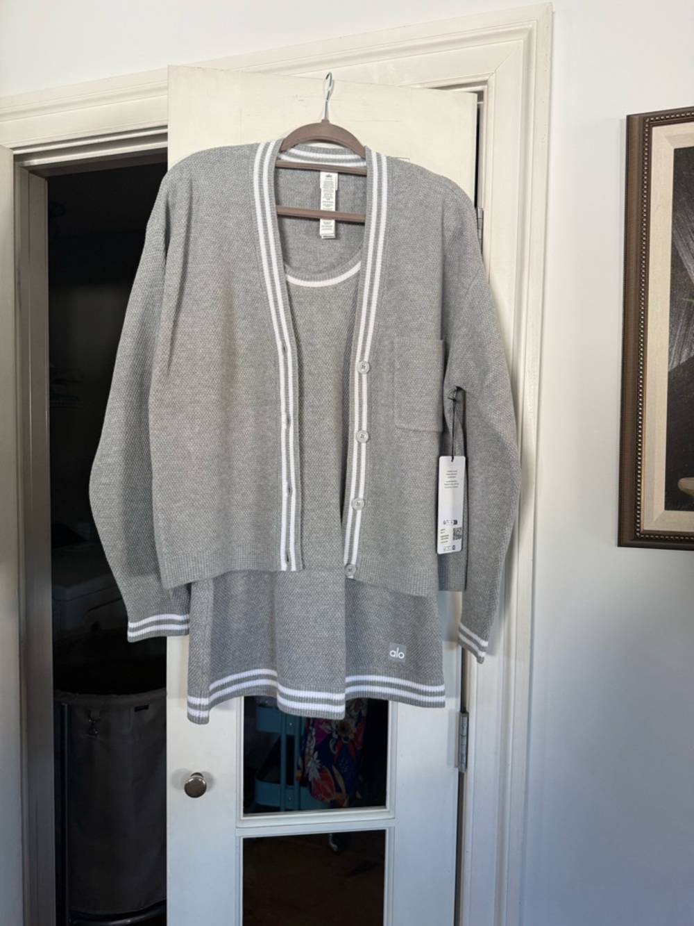 Brand New Alo Two-Piece Grey Tennis Club Sweater Knit Dress & Cardigan Set